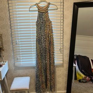 Anthropologie animal print sleeveless dress size 4 -59 inches long gold collar
